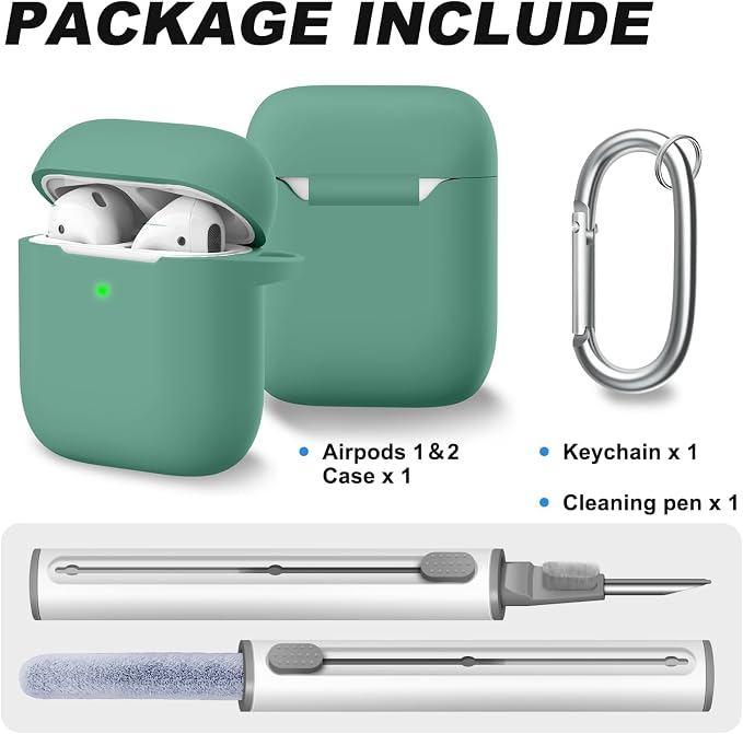 for AirPods 1/2 Case Cover,Come with Cleaner Kit,Soft Skin Silicone Case Cover with Keychain,Full Protective Case for Men and Women,Compatible with AirPods 2nd Generation Case,Pine Green