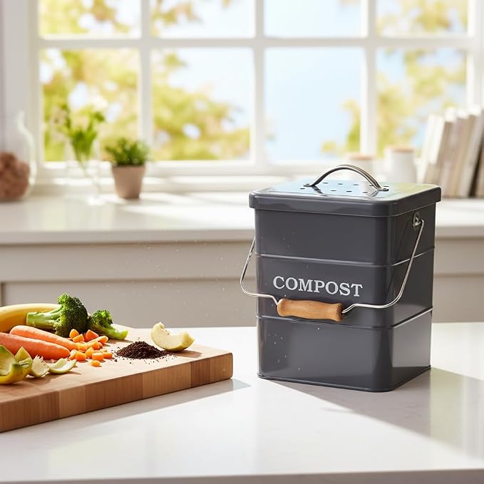 Compost Bin Kitchen Countertop Indoor Compost Pail Bucket, Great for Food Scraps, Carbon Steel, Handles, Gray, 1 Gallon - Includes Charcoal Filter
