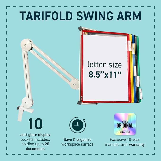 Tarifold Swing Arm Reference Display System, 10 Pockets, Assorted Colors | Adjustable swing arm with table clamp, 360-degree swivel design, 10 double-sided pockets, holds 20 letter-size sheets