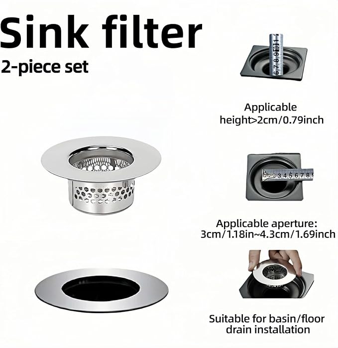 Bathroom Sink & Bathtub Drain Filter Strainer Set - 2 Pack Hair Catcher with Universal 1.25-1.6 Inch Drain Cover for Shower, Vanity, RV Sink - Anti-Clog, Easy-Clean, Gap-Free Design