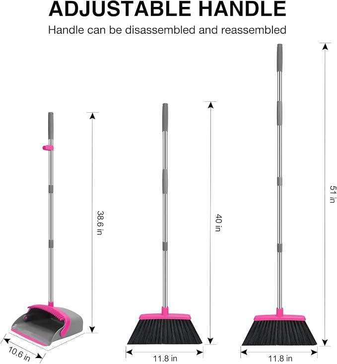 NACENA Broom and Dustpan Set, 52-in Long Adjustable Handle Broom Dustpan Combo with Dustpan Teeth to Automatically Clean Hair Suitable for Home Kitchen Office Hall Floor（Grey&Rose）