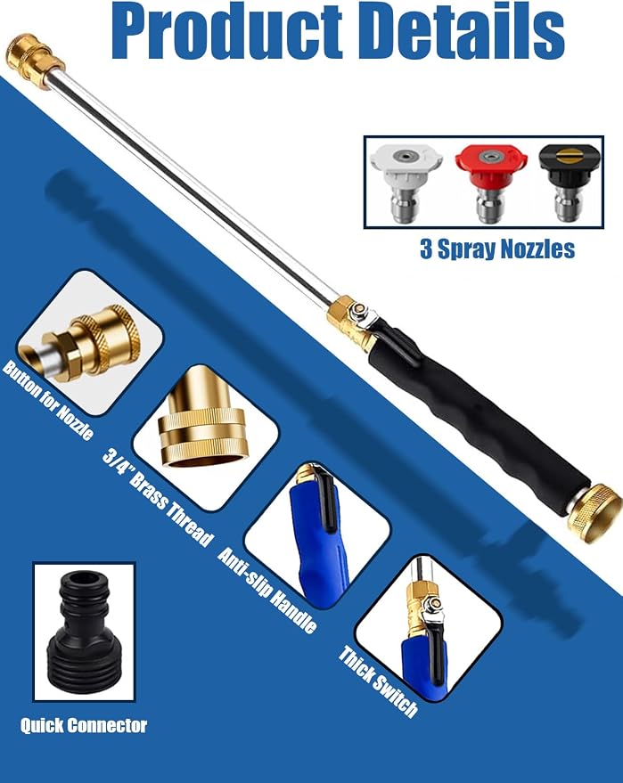 Jet Nozzle High Pressure Hose Nozzle, 18” Hydro Jet Water Hose Nozzle for Garden Hose with 3 Different Nozzles & Hose Quick Connectors, Power Washer Wand for Cleaning Patio, Car, Pet, Window, Black
