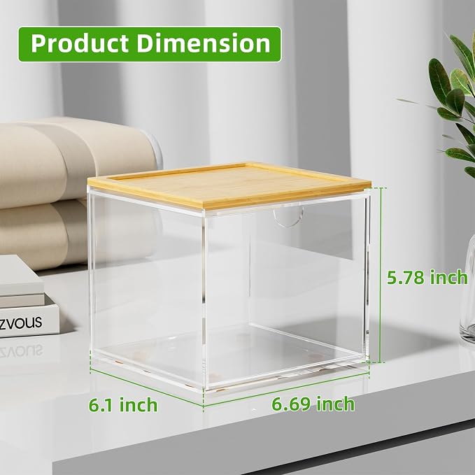 VITVITI Drawer Disposable Face Towel Holder Box, Acrylic Storage, Clear | Face Towels Holder Container for XL Clean Skin Club, Facial Towel Storage with Bamboo Lid, for Bathroom, Vanity Makeup