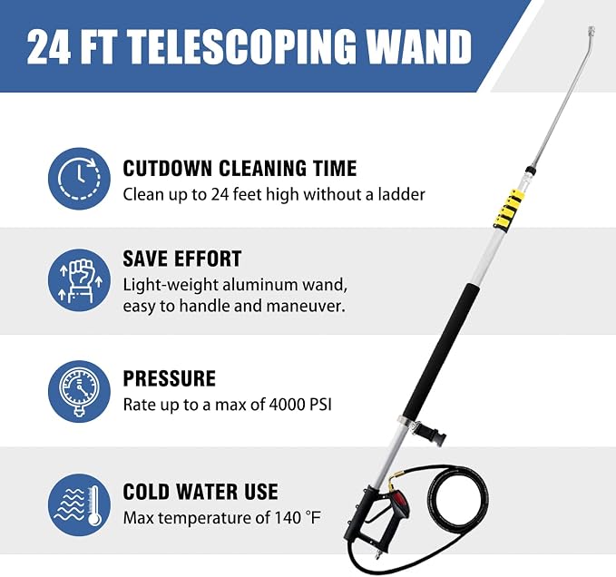JANZ 24 FT Pressure Washer Telescoping Wand with Power Washer Extension Wands, Brush Head, Gutter Cleaner, 7 Spray Nozzle Tips, 2 Hose Adapters and Support Belt TW-004 | Gutter Cleaner Attachment, 7 Spray Nozzle Tips, 2 Hose Inlet Adapters, Pivoting Co...