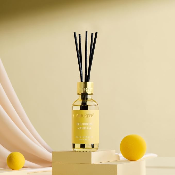 Reed Diffuser Set, 3.38 fl oz (100 ml) - Bourbom Vanilla Oil Diffusers with 8 Reed Sticks, Home Fragrance Reed Diffuser for Bathroom Shelf Decor