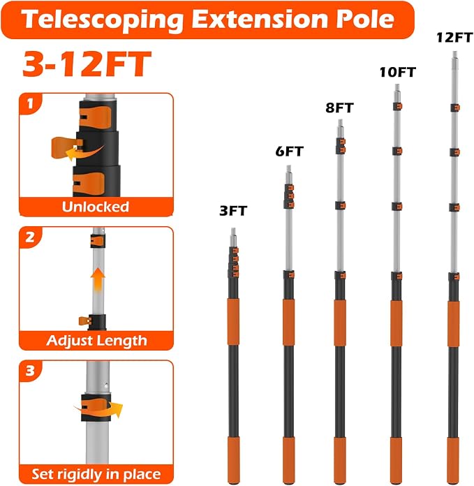 16FT Reach High Ceiling Duster Kits with 3-12FT Adjustable Pole - Includes Extra Long Duster, High Ceiling Duster, Rotatable Window Squeegee & Cobweb Duster for Ceiling Fans and Whole House Cleaning