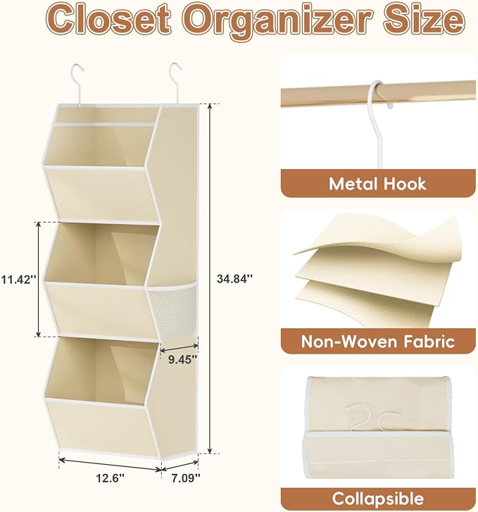 Hanging Closet Organizers and Storage for Kids Room Organization, 3 Tiers | Hanging Closet Shelves for Underwear Swimsuit Storage, Hanging RV Closet Organizers and Storage Camper Closet Organizer Beige