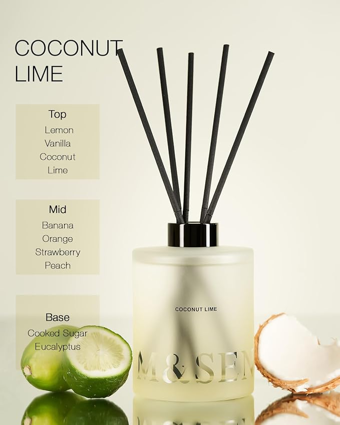 M&SENSE Reed Diffuser Set, Coconut Lime, 17 oz Natural Essential Oil | Non-Toxic Organic, Long-Lasting Fragrance, Ideal for Living Room, Bathroom, Gifts for Women