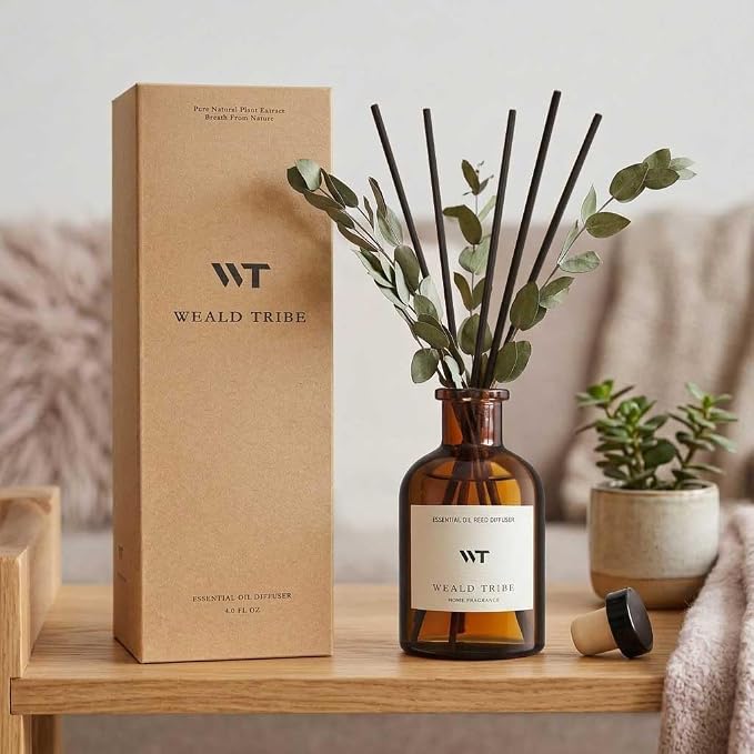 Reed Diffuser Set for Bathroom Air Fresheners, Oil Diffuser Sticks with Flower | Eucalyptus & Mint Scent 4.0 fl oz Home Fragrance with Sticks Defusers | House Bedroom Office Shelf Decor