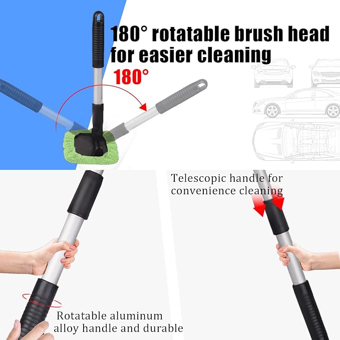Car Glass Cleaner Wiper,Windshield Cleaning Tool, Microfiber Window Cleaner with Extendable Handle,Auto Glass Wiper Kit(Green Square)