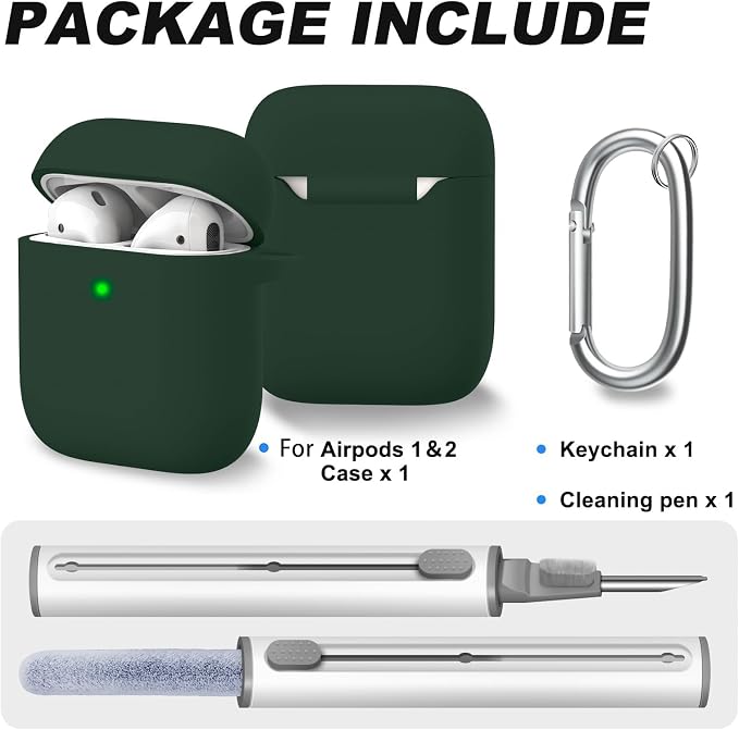 for AirPods 1/2 Case Cover,Come with Cleaner Kit,Soft Skin Silicone Case Cover with Keychain,Full Protective Case for Men and Women,Compatible with AirPods 2nd Generation Case,Blackish Green