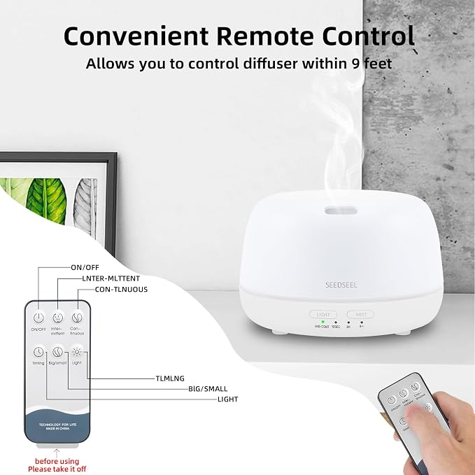 SEEDSEEL 300ML Essential Oil Diffuser with Remote Control, Aromatherapy Diffuser with 7-Color Changing LED Light for Small Rooms, Office, and Home