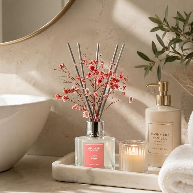 Reed Diffuser Set,3.38 fl oz (100 ml) - Love Notes Oil Diffusers with 8 Reed Sticks, Home Fragrance Reed Diffuser for Bathroom Shelf Decor