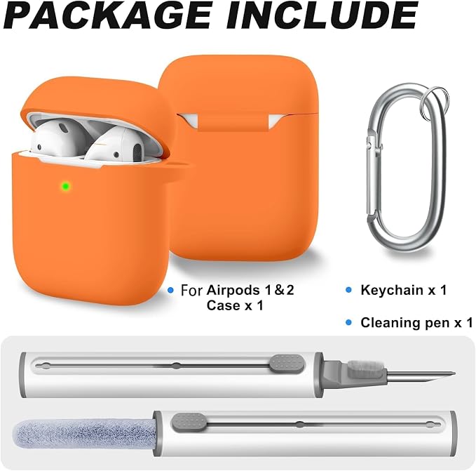 for AirPods 1/2 Case Cover,Come with Cleaner Kit,Soft Skin Silicone Case Cover with Keychain,Full Protective Case for Men and Women,Compatible with AirPods 2nd 1st Generation Case,Orange