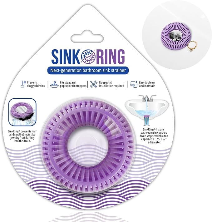 SinkRing Bathroom Sink Drain Protector & Strainer for Sink Stoppers, Violet | Easy snap-in design. Precision clog-free trap prevents loss of earrings, jewelry or contacts. Fits 1.37" - 1.57" stoppers.
