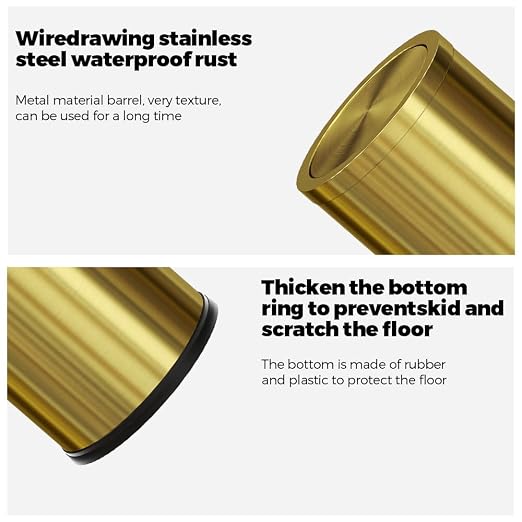 18L Stainless Steel Bathroom Trash Can, Gold, Round | 4.7 Gallon, Swing Lid, Elegant Waste Basket, For Toilet Bathroom Cafe Kitchen Office Hotel Home