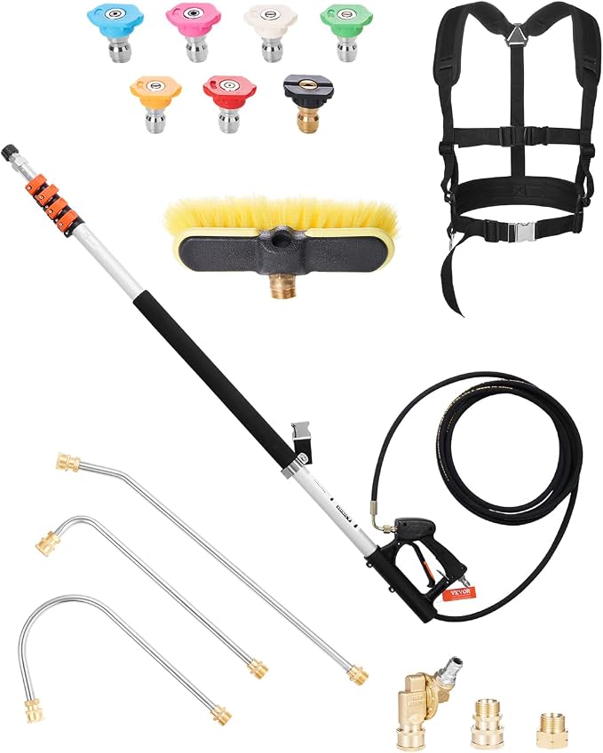 VEVOR Pressure Washer Telescoping Wand, 21 ft, 4000 psi, Telescopic Spray Wand with Power Washer Extension Wands, Gutter Cleaner, Brush Head, Pivoting Coupler, 7 Spray Nozzles and Support Harness