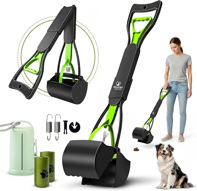 SHAZORY Pooper Scooper for Dogs & Cats – Long Handle, Heavy-Duty Design with Bag Dispenser, Poop Scooper for Large Dogs, Dog Poop Scoop for Yard, Portable for Pet Parents & Dog Walkers (32")