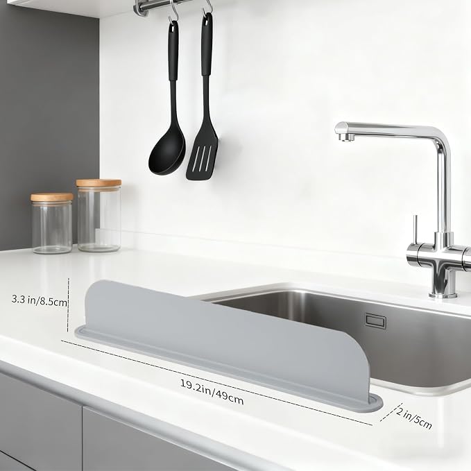 19.2inch(49cm) Silicone Sink Splash Guard, Sink Splash Guard with Suction Cup,Kitchen Sink Water Splash Guard, Kitchen Sink Splash Guard that Can Be Placed Behind (2, Gray)