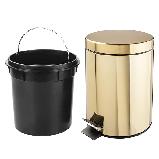 mDesign Small Modern 1.3 Gallon Round Metal Lidded Step Trash Can, Compact Garbage Bin with Removable Liner Bucket and Handle for Bathroom, Kitchen, Craft Room, Office, Garage - Soft Brass, 5 liter