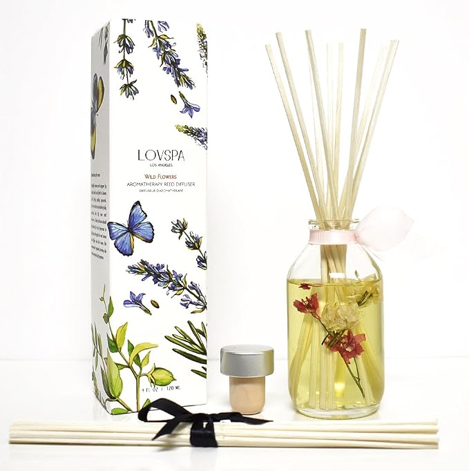 Reed Diffuser Set - Wild Flowers Scented Diffuser with Sticks | Home Fragrance Reed Diffuser for Bedroom, Bathroom Shelf Décor, with Real Florals in the Bottle - Made in the USA