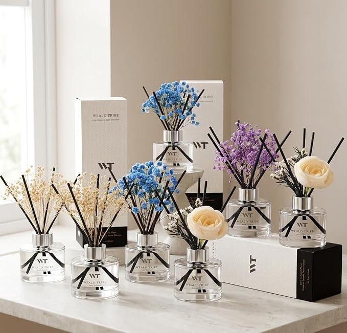 Flower Reed Diffuser Set Lavender Scent for Bathroom Accessories Shelf Decor & Air Fresheners, Sticks Defusers with 5.1 fl oz Essential Oils & Leaves, House Bedroom Office Decor & Gifts