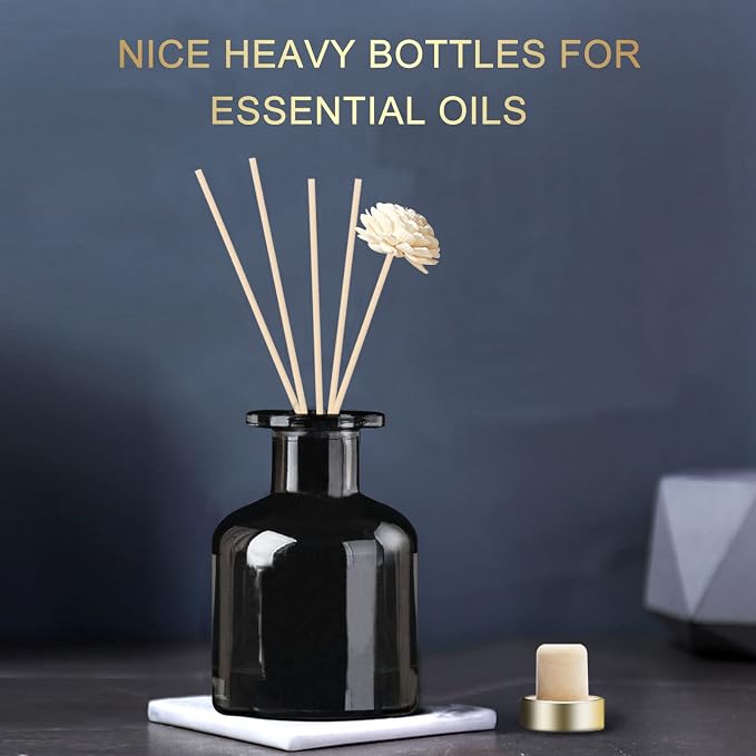 HOSSIAN 150ml/50oz 2 Clear Glass Bottles 2 Glossy Black Bottles Fragrance Diffuser Empty Bottle with 28pcs Reed Sticks for Home Fragrance Accessories (Clear+Black)