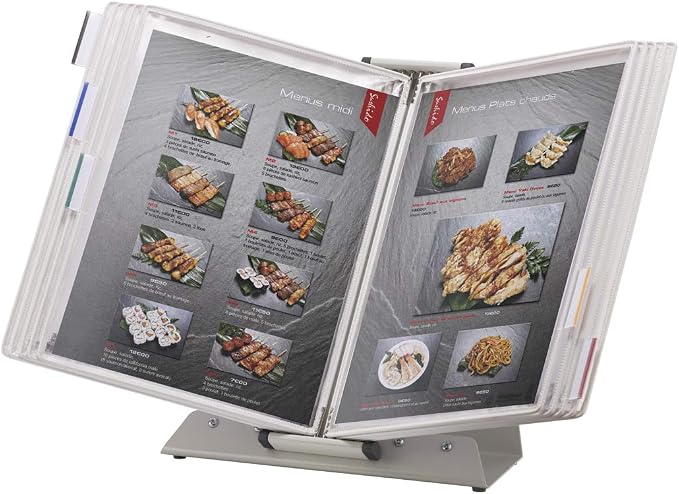 Tarifold Desktop Reference Display System, 10 Pockets, White | 10 double-sided PVC pockets hold 20 letter-size sheets, sturdy metal base, quick-find indexing, easy to assemble