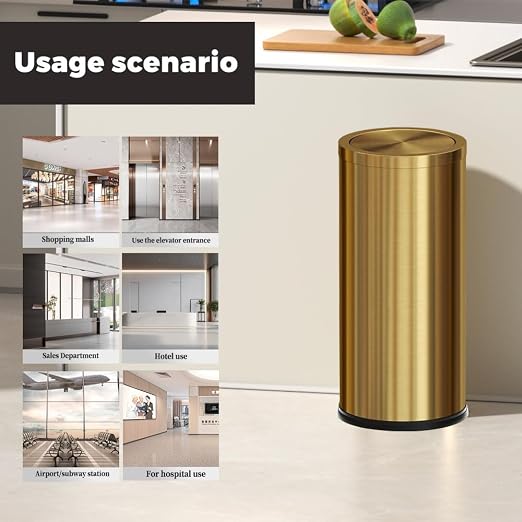 Gold Trash Can, 8 Gallon Trash can with lid,Large Capacity FILP lid Kitchen Trash can for Bathroom,Shopping mall,Elevator gate,Airport, Hotel,Commercial (Gold)