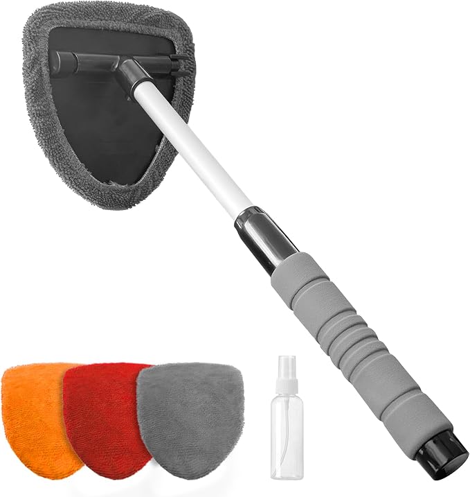 Windshield Cleaning Tool, Car Window Cleaner, Vehicle Window Cleaner with Extendable Handle & 2 Washable Microfiber Pads, Car Interior Glass Wiper Cleaning Kit for Most Vehicles (StyleB)
