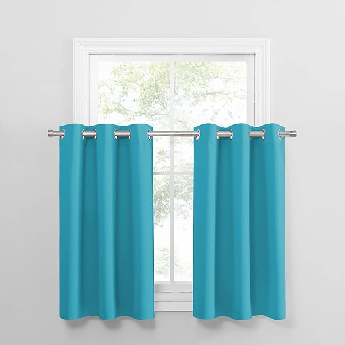 PONY DANCE Bathroom Window Valances - (34 by 36 inches, Blue Mist, 2 Panels) Room Darkening Tier Curtains Short Panels Drapes for Small Half Window Decoration in Kitchen