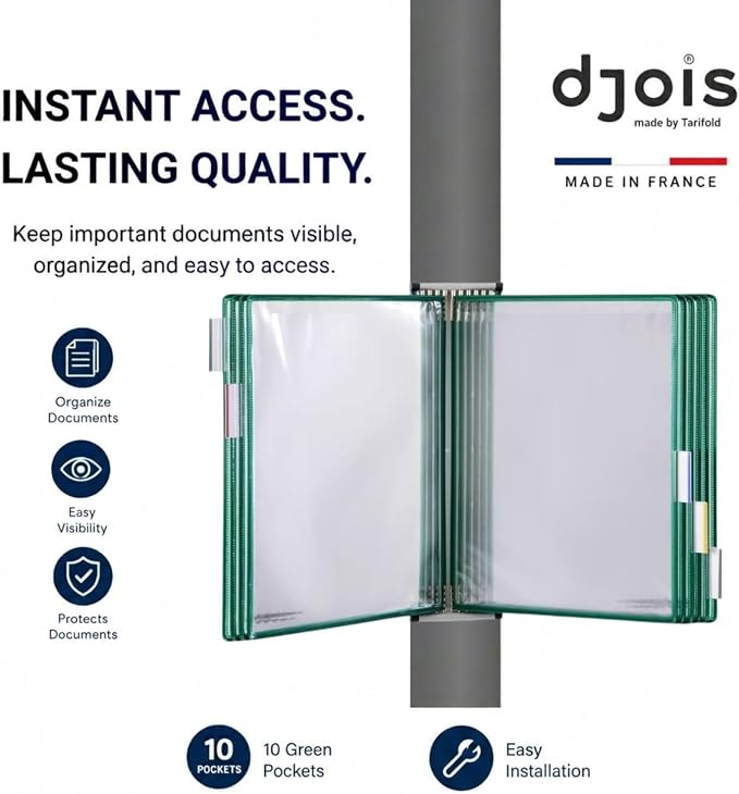Tarifold Wall Mount Reference System, 10 Pockets, Expandable, Green | 10 double-sided PVC pockets hold 20 letter-size sheets, sturdy wall-mount bracket, snap-on index tabs, easy to install