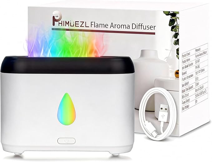 Flame Diffuser for Essential Oils, 200ml Ultrasonic Aroma Diffusers with Cool Mist, Aromatherapy Diffuser with Auto-Off Protection, Small Humidifier for Home,Office,Bedroom,Gift (7 Colors White)
