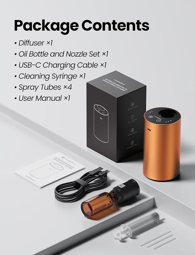 Waterless Essential Oil Diffuser, Rechargeable Car Scent Diffuser, Orange | Premium Aluminum Alloy Housing, Cordless, 3 Mist Levels, Timers, Portable Aromatherapy Diffuser for Home, Car & Office