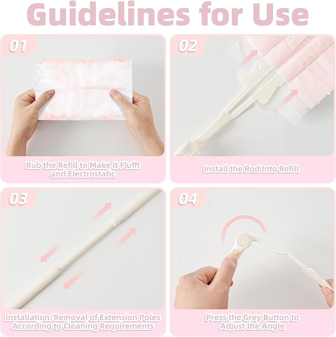 52 Count Disposable Duster Refills for Cleaning, 180° Dusters Refills Compatible with Swiffer (Pink, 50 Count Dust Removal Brushes + 1 Standard Handle + 1 Extended Handle)