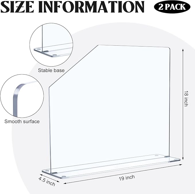 Vesici 2 Pcs Clear Acrylic Sink Splash Guard Freestanding Panel Barrier with Easy Reach Cutaway Kitchen Guard Protective Splatter Barrier for Home Hospital(19" Length, 18" Height, 4.5" Base)