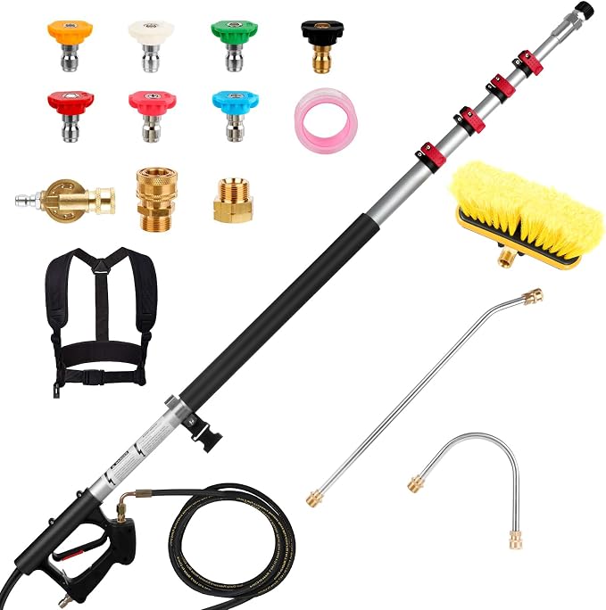 Pressure Washer Extension Wand 24 FT, Extension Pole for Pressure Washer with Gutter Extension, and 7 Spray Nozzle Tips for Roof Fence Window Washing Gutter Cleaner