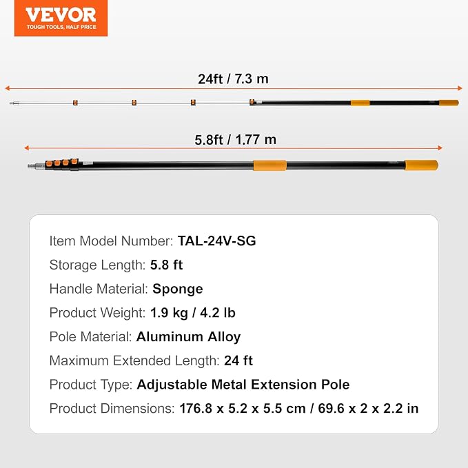 VEVOR Telescopic Extension Pole, 6-24 FT Multi-Purpose Extension Pole, Sturdy Aluminum Alloy Paint Extendable Pole with Flip-Lock Design, Telescopic Pole for Painting, Dusting and Cleaning