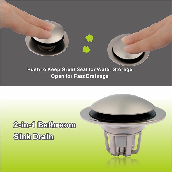 Pop Up Sink Drain Stopper Hair Catcher - Brushed Nickel 1 Pack | Satin nickel strainer replacement, Fits 1-1/8 & 1-1/2 drains, Anti clog hair catcher, Quick pop up seal, Push button gaskets.
