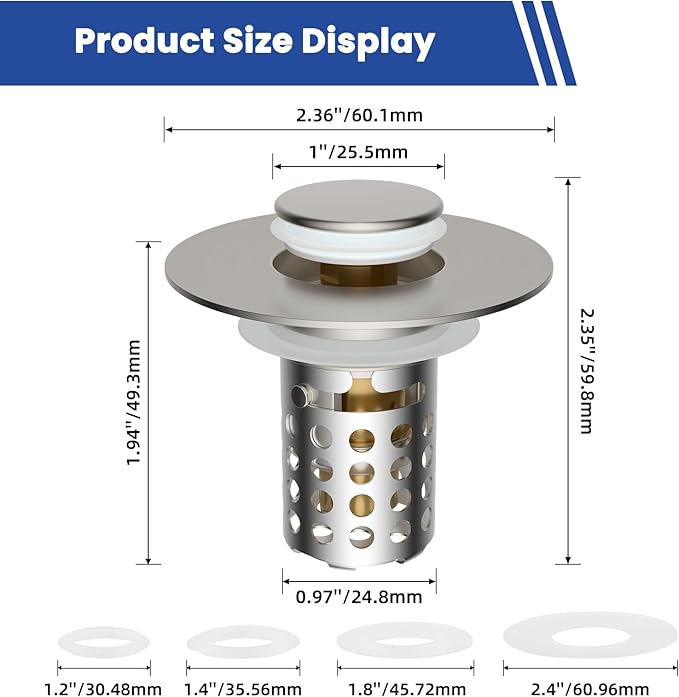 Universal Bathroom Sink Drain Strainer Hair Catcher, Brushed Nickel | Upgraded with Removable Stainless Steel Filter Basket, 3 in 1 Pop Up Sink Stopper for 1.1''~2.36'' Sink Basin Hole