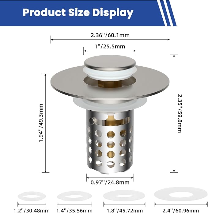 2PCS Universal Bathroom Sink Drain Strainer Hair Catcher, Brushed Nickel | Upgraded with Removable Stainless Steel Filter Basket, 3 in 1 Pop Up Sink Stopper for 1.1''~2.36'' Sink Basin Hole