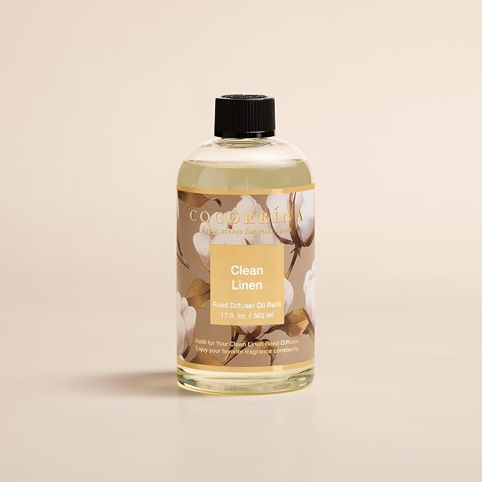 Reed Diffuser Refill Clean Linen 17oz (500ml) with 8 Rattan Sticks - Premium Long-Lasting Scented Oil, Home Fragrance for Bedroom, Bathroom Home Decor