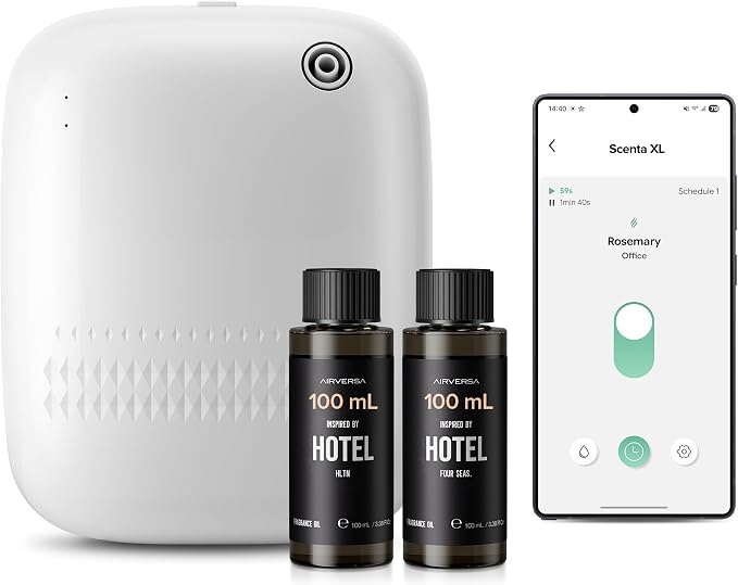 Airversa ANW Smart Waterless Diffuser Starter Kit for Room,White | 2x100 mL Hotel Scent Fragrance Oil, Up to 2000 sq ft, App Control, 400mL, DC-12V/1A Adapter, Scent Air Machine, ANWKit-2x100