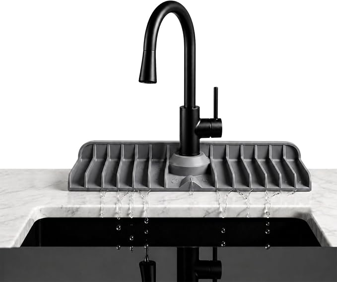 Premium Kitchen Sink Splash Guard – 18" x 5.7" Silicone Faucet Mat with Secure Pressure Clip, True 10° 3D Drainage(No Pooling), Anti-Lift Design, Flexible Leak-Sealing Ring, Non-Slip Fit Behind Faucet