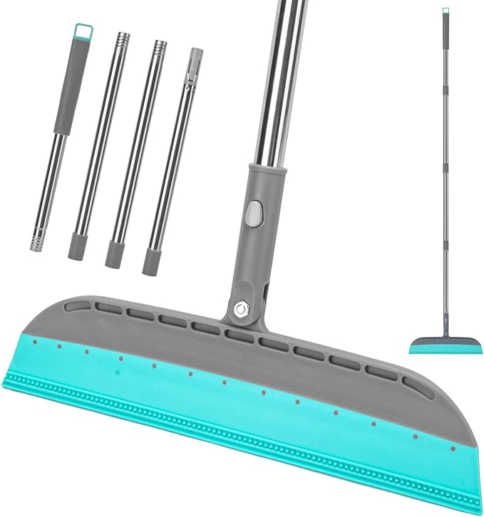 Multifunction Rubber Air Broom, Silicone Floor Squeegee Broom with 59" Long Handle, Scraping Broom for Floor Bathroom Kitchen Shower Tile Pet Hair Fur Marble Glass Water Window Foam Cleaning, Blue