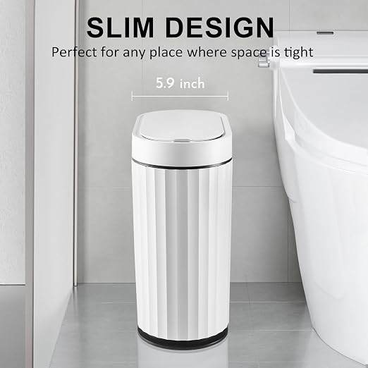 ELPHECO Bathroom Trash Can with Lid 2 Gallon Small Sensor Garbage Can, Slim Smart Trash Bin, Waterproof Automatic Wastebasket, Narrow Plastic Garbage Bin for Bathroom, Kitchen, Office, Black White