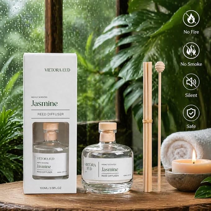 Jasmine Reed Diffuser, 3.5 Fl Oz | Floral Fragrance Lasts 12 weeks, Flameless & Safe. Perfect for bedroom/office. Natural oils, gift, 3.5 oz.
