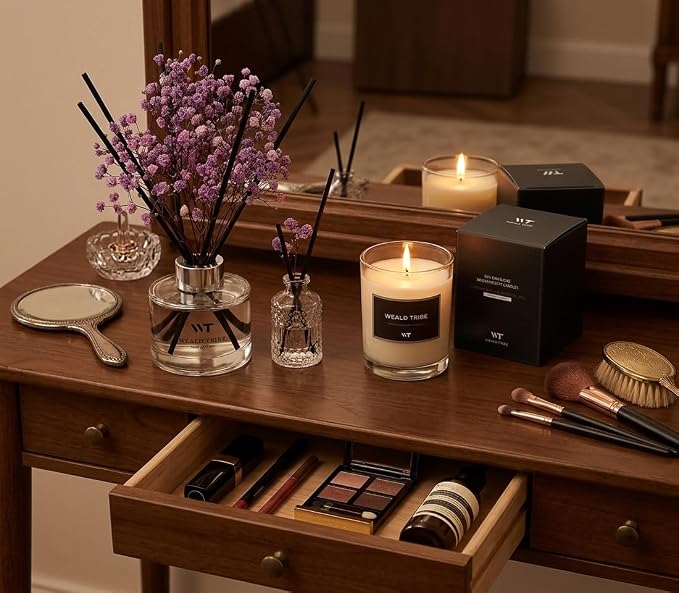 Flower Reed Diffuser Set Lavender Scent for Bathroom Accessories Shelf Decor & Air Fresheners, Sticks Defusers with 5.1 fl oz Essential Oils & Leaves, House Bedroom Office Decor & Gifts