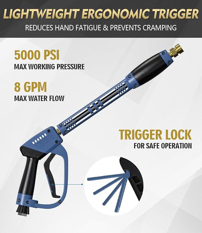 Pressure Washer Gun and Hose Kit, 4800PSI Flexible & Kink-Resistant - Steel Braided & Durable High Power Washer Hose 50 FT with 3/8" Swivel Quick Connector and M22 14mm Adapters & 5 Nozzles