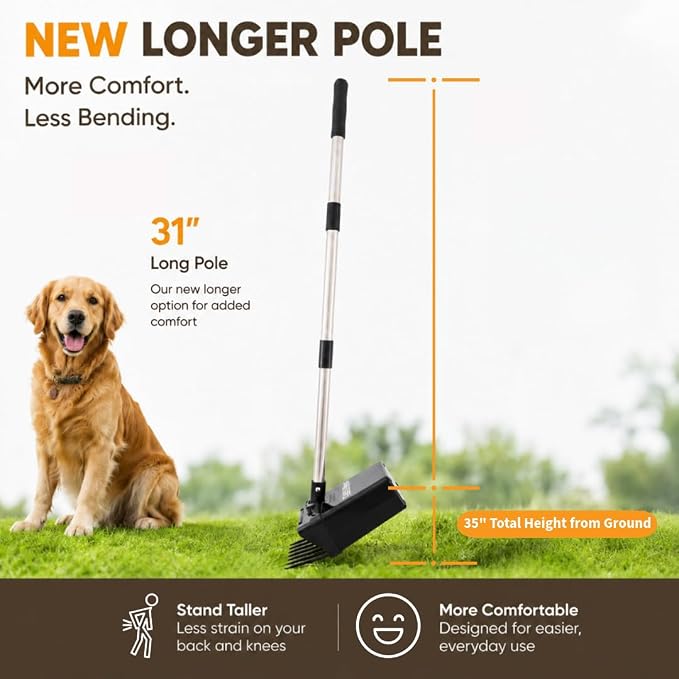 Neater Pet Brands Lift N’ Bag 2.0 Dog Pooper Scooper with Bag Attachment & 31" Pole for Small to Large Dogs, New Longer Pole, 15 Refill Bags, Heavy Duty Dog Poop Scooper for Yard, One-Hand Use